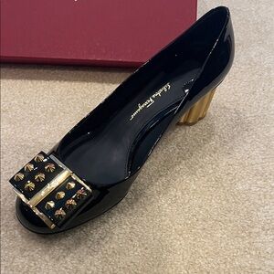 Salvatore Ferragamo Black Patent Leather Heels with Gold Details